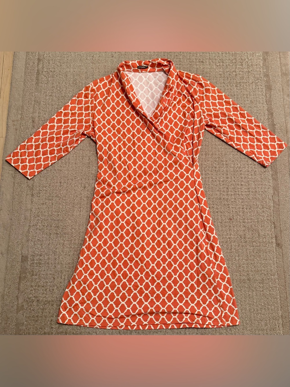 J. McLaughlin Orange White Geometric Faux Wrap Dress Large L 3/4 Sleeve